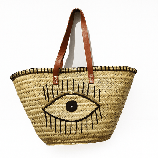 capazo natural de paja con diseño ojo para playa - Velea