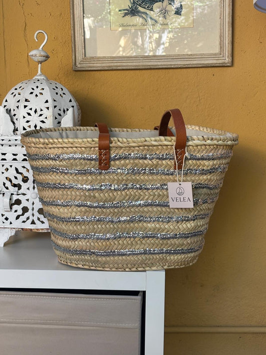 capazo de paja con lentejuelas brillantes para verano - Velea